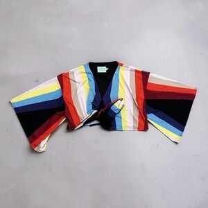 Judith March Women Medium Multi Color Striped Cropped Wrap Tie Front Top Kimono